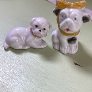 Set of 2 miniature English Bulldogs porcelain figurines Japan Midcentury